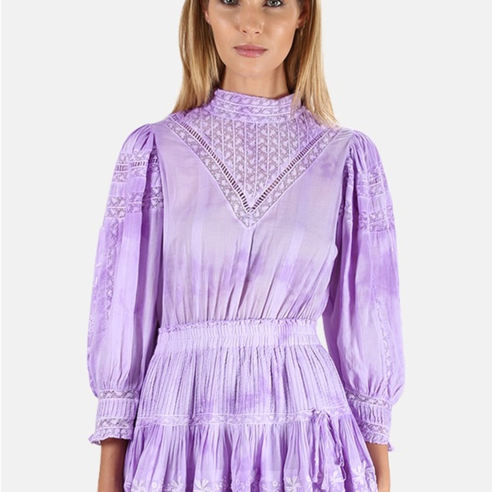 LOVESHACKFANCY Purple Tie-Dye Viola Mini Dress Ruffles Embroidery Cottagecore - Picture 4 of 14